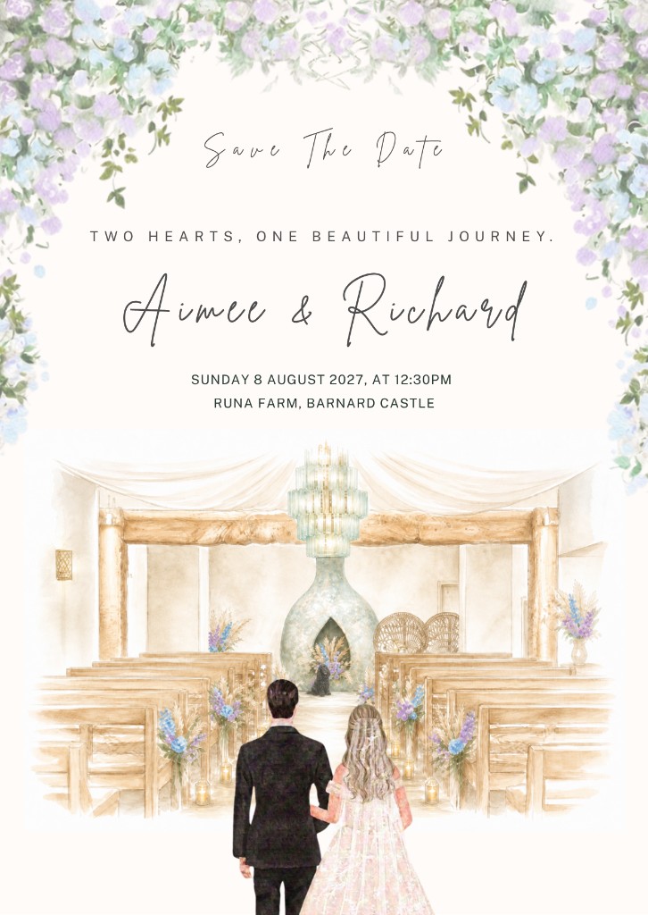 Save the date illustration for Aimee and Richard, walking the aisle at Runa Farm with their dog waiting by the altar